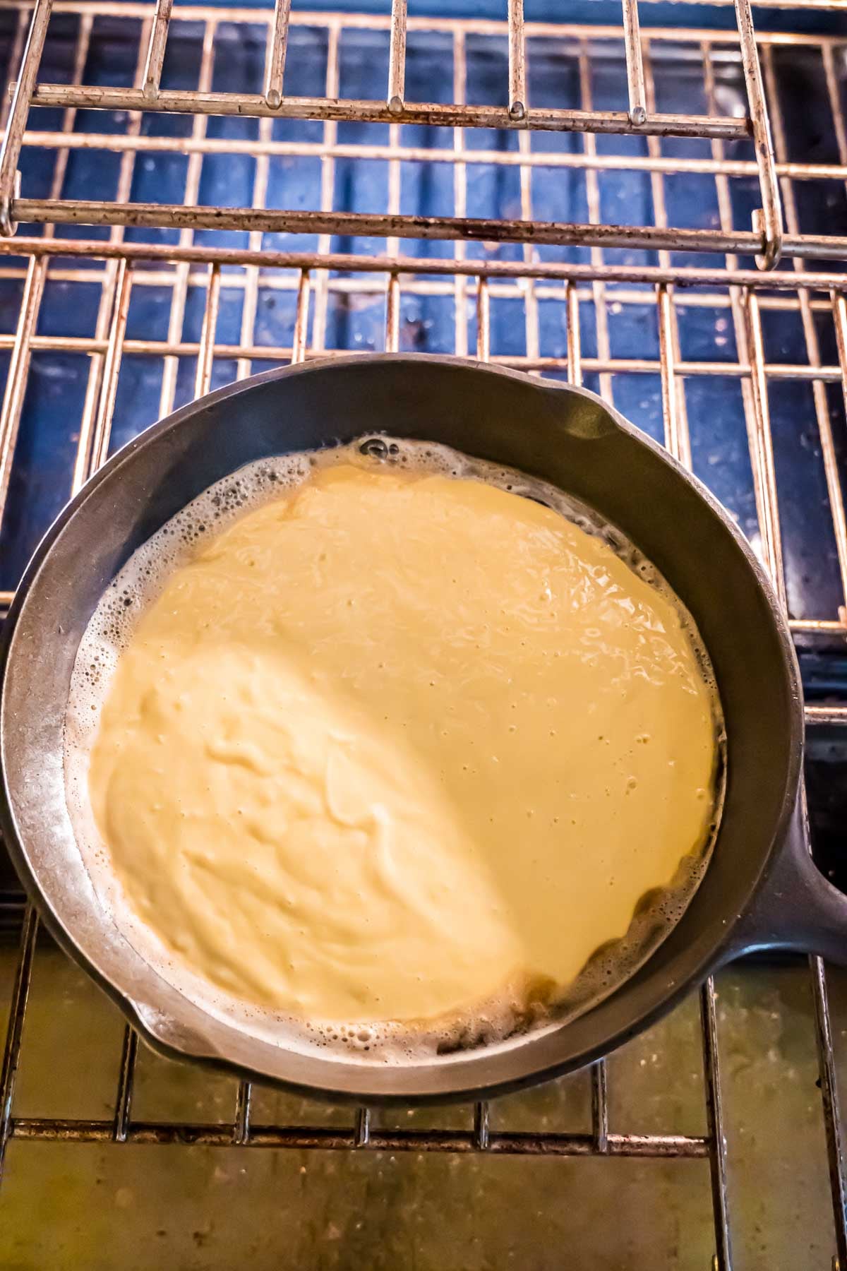 The batter in the cast iron skillet.