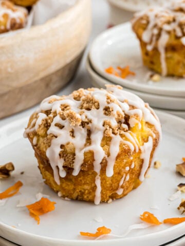 A morning glory muffin sitting on a small serving plate.