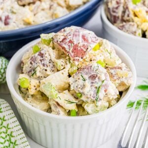 A serving of red potato salad with a creamy dressing, bits of celery, dill pickle, onion, and fresh dill in a ramekin.