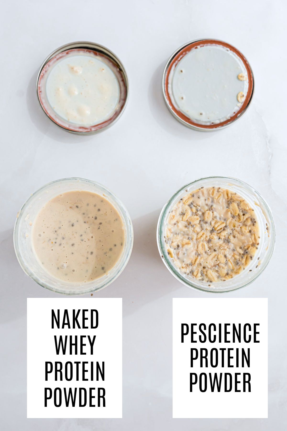 Two jars, side-by-side, showing how the consistency might change based on the protein powder that is used for this recipe.